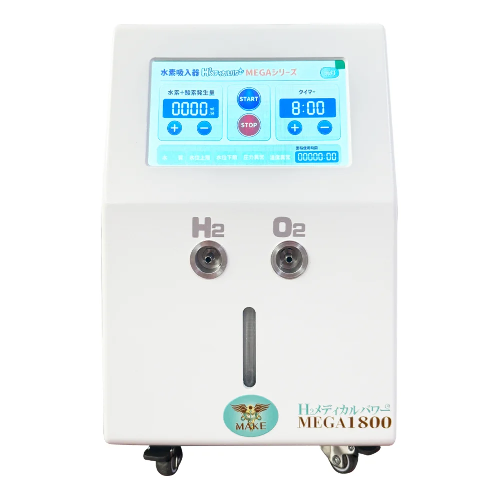 水素酸素吸入器MEGA1800の操作パネルとH2・O2出力口を示す本体正面画像