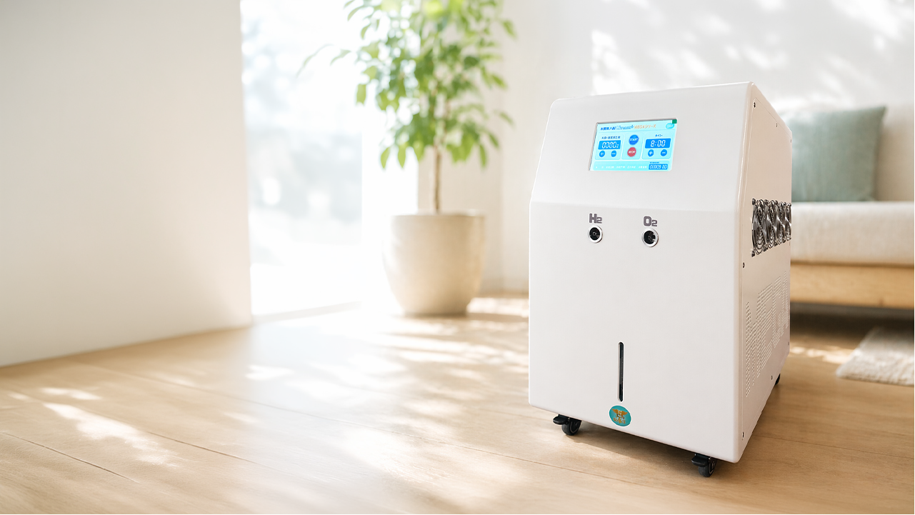 MEGA7200 水素吸入器|高濃度・大容量モデルの特徴とスペック 2 mega7200 hydrogen inhaler room installation MEGA7200 水素吸入器 設置イメージ 自宅のリビングに置いた使用環境