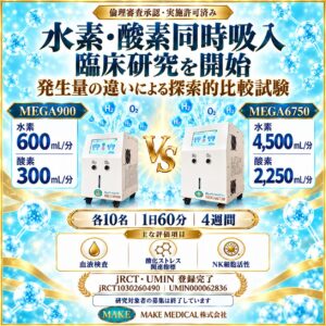 水素吸入器の発生量で違いはある?MEGA900・MEGA6750の4週間の臨床研究を開始 2 比較1 Exploratory comparative study on differences in hydrogen output among hydrogen inhalation devices